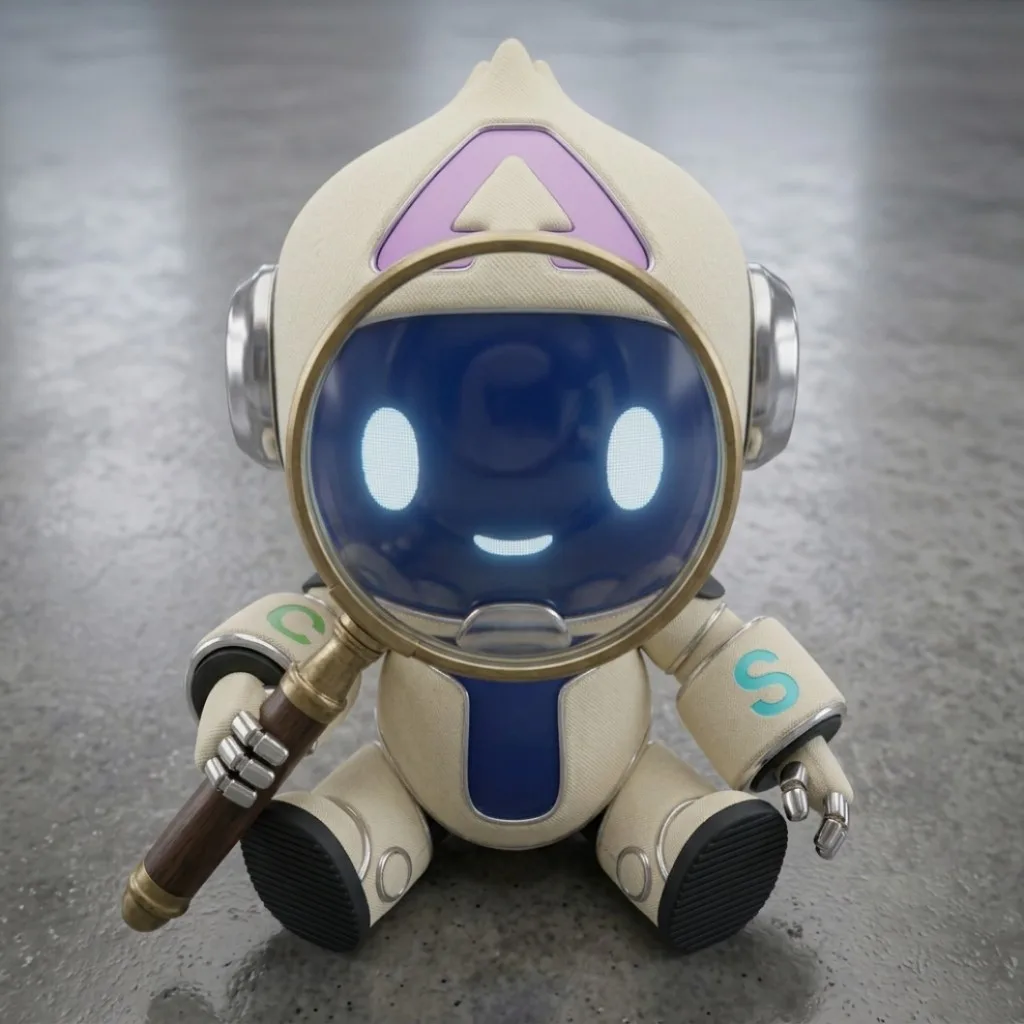 Amito robot mascot holding a magnifying glass