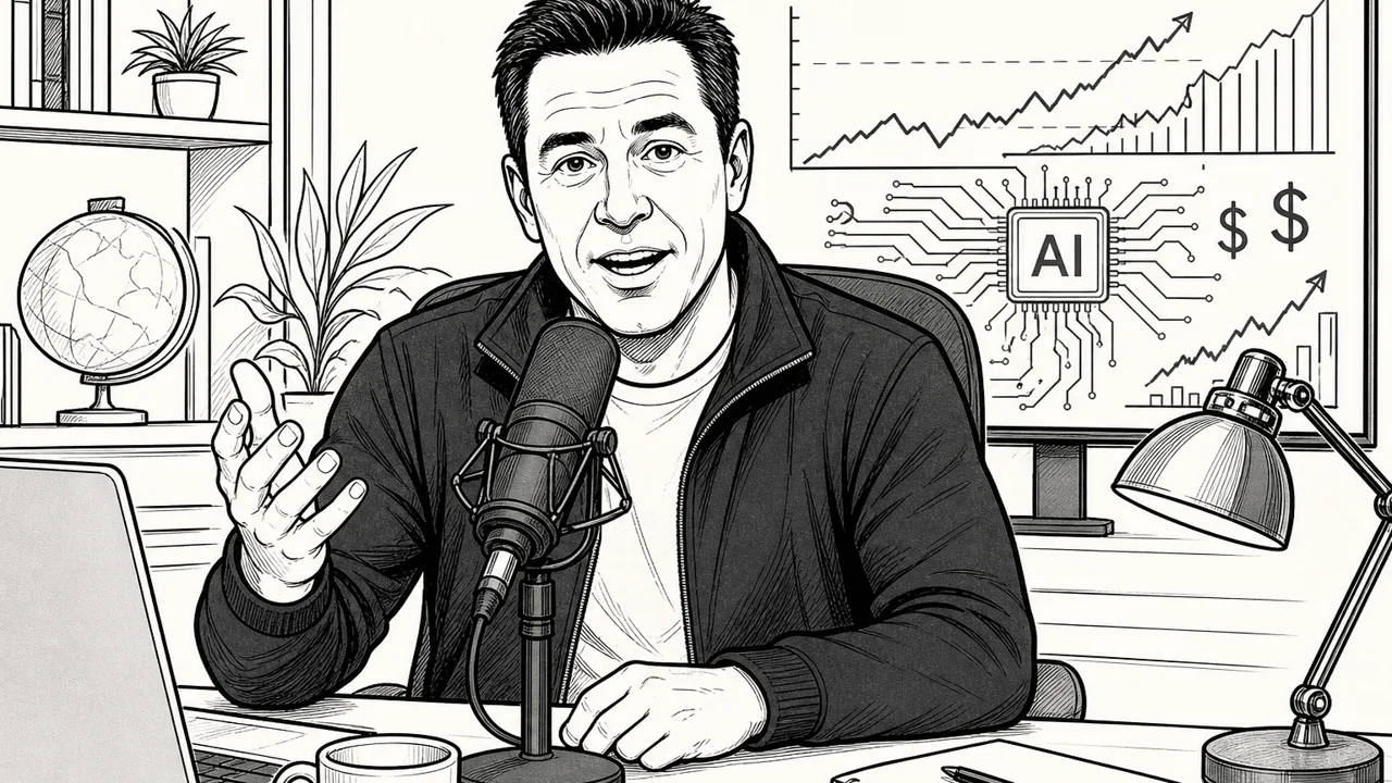 Line drawing of a tech entrepreneur livestreaming an AI investment reveal from a home studio