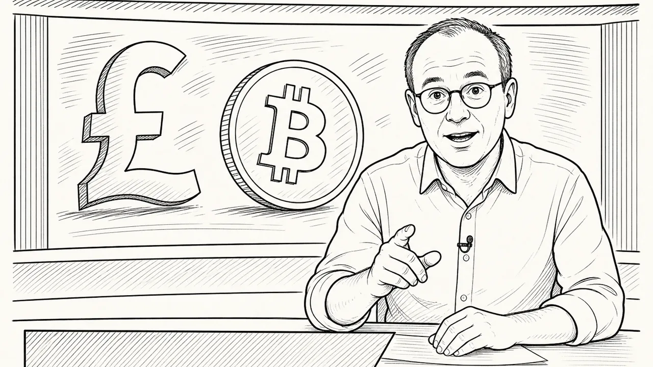 Line drawing of a money-expert presenter in a TV studio with pound and bitcoin graphics behind him