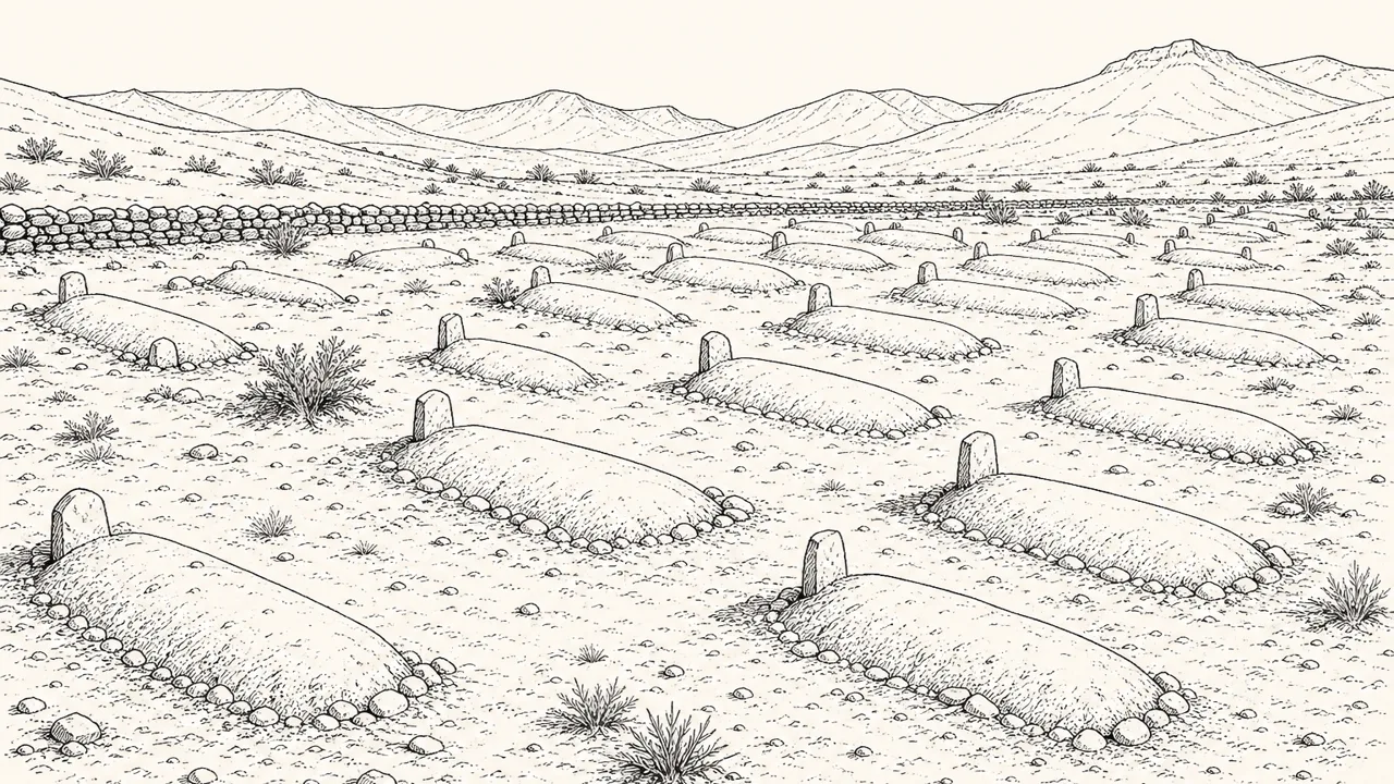 Line drawing of orderly rows of simple earth graves with modest stone markers in an arid cemetery